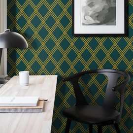 Ohmywor Peel and Stick Wallpaper Dark Green and Gold Wallpaper, Diamond Geometric Wallpaper Contact Paper, Self Adhesive Removable Decorative Wallpaper Trellis Wall Covering Vinyl 17.7"x118"