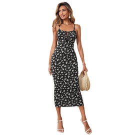 Floerns Women's Floral Print Drawstring Front Sleeveless Cami Midi Dress Black XS