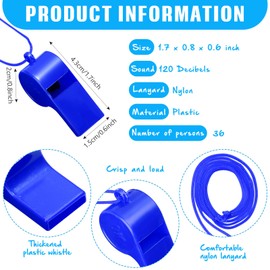 36 Pcs Plastic Whistles with Lanyard lifeguard ref whistle Coaches Sports Whistle Loud Crisp Sports Whistle Emergency Whistle Bulk for Coach Referees Training Lifeguard School Emergency (Blue)