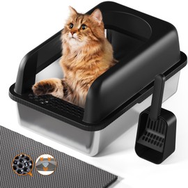 Extra Large Litter Box for Big Cat, Stainless Steel Cat Litter Box, Metal Litter Box with High Side, Open Top Metal Litter Box, Anti-Leakage,Non-Stick, Includes Litter Mat & Metal Scoop,Easy to Clean