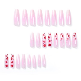 MUZOXEN Valentines Day Press on Nails Long Coffin Simple French Tip Gradient Pink White Hickey Fake Nails Designs Ballet Acrylic False Nails with Stick Glue on Valentine Nails for Women Girls 24 Pcs