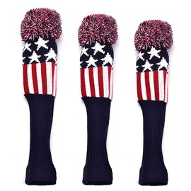 GOOACTION 3PCS Knitted Golf Head Covers 1-3-5 for Driver and Fairway Woods with Long Neck Design Vintage Red Stars and Stripes American Flag Sock Pom Pom Golf Club Patriotic Headcovers Set
