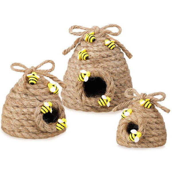3 Pieces Bee Hive Decor Honey Bee Tiered Tray Decor Summer Spring Bumble Bee Decorations Mini Jute Beehive Farmhouse Kitchen Decor for Table Shelf Sitter Home Coffee Bar Themed Party (Simple)