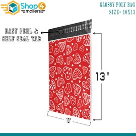 Shop4Mailers 10 x 13 Glossy Red Hearts Decorative Plastic Poly Mailer Bags Waterproof Shipping Mailing Envelope 2 Mil for Apparel, Clothes, Shirts, Books – Permanent Adhesive Seal (100 Pack, Hearts)