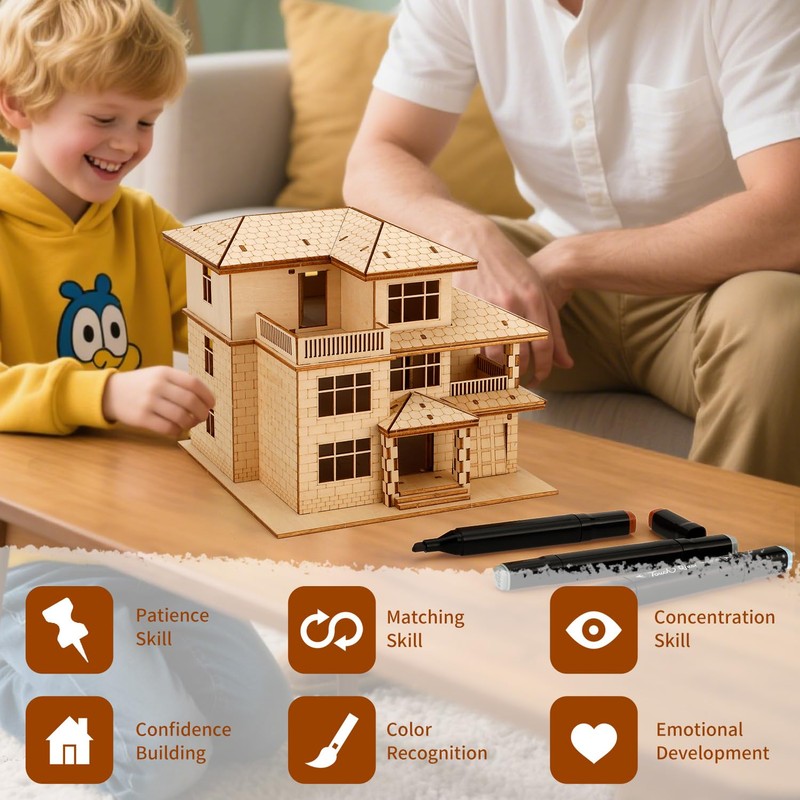 3D Wooden Puzzles for Adults,DIY Color Modern Villa Wooden Model