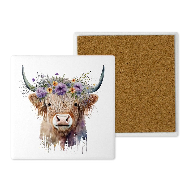 Ceramic Coasters – Handprinted Watercolour Highland Cows - Set of