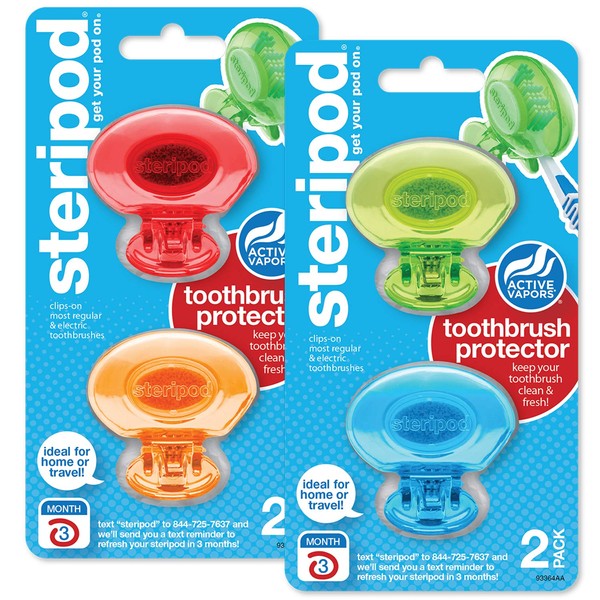 Steripod Clip-On Toothbrush Protector, Blue, Green, Red, Orange, 4 Count