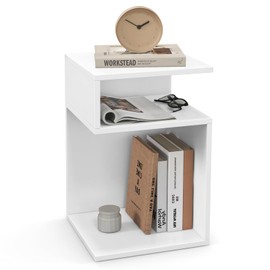 Tangkula S-Shaped Side Table, 3 Tier Wood End Table with Open Storage Shelves, Anti-Slip Foot Pads, Modern Accent Bedside Nightstand, Narrow Side Table for Small Spaces Living Room Bedroom (1, White)