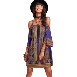 Milumia Women's Vintage Print Kimono Sleeve Geometric Tunic Boho Dress Purple Small