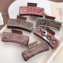 6 Pcs Western Hair Claw Clips for Women, Cowgirl Aesthetic Claw Clips and Cowhide Highland Western Vintage Hair Accessories, Suitable for All Hairstyles