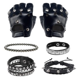 GMHLLES 6 Pieces Biker Costume Set Punk Gloves Black with Studs Fingerless, Mens Gothic Leather Gloves