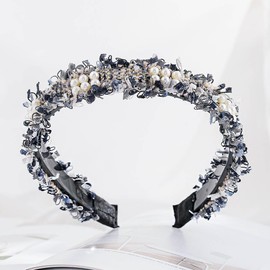 Fdesigner Pearl Knot Headband Navy Blue Thin Hairband Boho Knotted Headbands Fashion Top Knot Headpieces for Women (Blue)