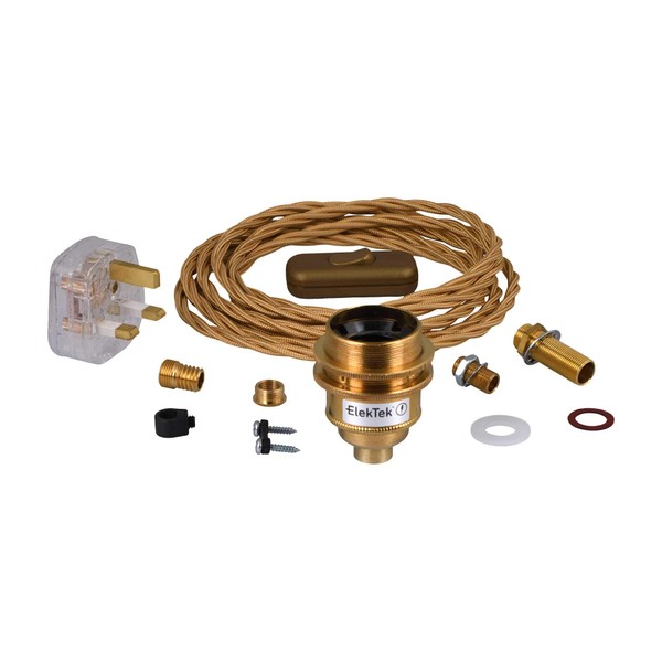 ElekTek Premium Lamp Kit Brass Shade Ring E27 Lamp Holder with Twisted Gold Flex, in Line Switch and 3A UK Plug