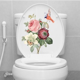 Flower Bird Toilet Cover Sticker Decals,Butterfly Bird Flower Leaf Waterproof Toilet Lid Tank Seat Decals Cistern Self-Adhesive Bathroom Wall Sticker