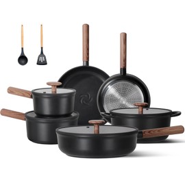 JEETEE Ceramic Cookware Sets 17 pcs, Healthy Pots and Pans Set Non Stick, Induction Kitchen Cooking Set with Removable Handles, Stackable Pots Pans, Oven Safe, PFOA/PFOS Free, Black