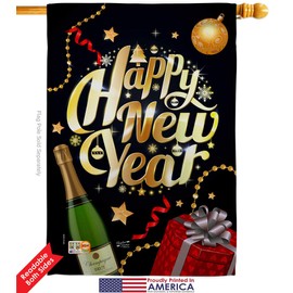 Best New Year House Flag Dowel Set Clock Countdown Champagne Party Fireworks Celebrate Small Decorative Gift Yard Banner Double-Sided Made In USA 28 X 40