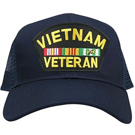 Military Vietnam Veteran Large Embroidered Iron on Patch Adjustable Mesh Trucker Cap - Navy