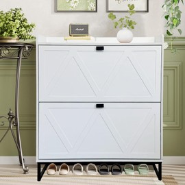 AT-VALY Shoe Storage Cabinet for Entryway, Narrow Shoe Rack with 2 Flip Drawers, Freestanding Hidden Organizer Cabinet with Metal Legs (White Grain)