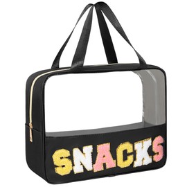 WELIDAY Chenille Letter Snacks Bag Zipper Pouch TPU&Nylon Clear Cosmetic Bag with Handle Toiletry Bags Travel Makeup Bag Multi-purpose Clear Pouches For Women (SNACKS, Black)