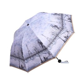 Romantic Oil Painting Folding Travel Sun Umbrella UV Protection UPF 50+ Rain Resistant Compact Size Parasol Double Layer Blue Sky White Clouds (Eiffel Tower)