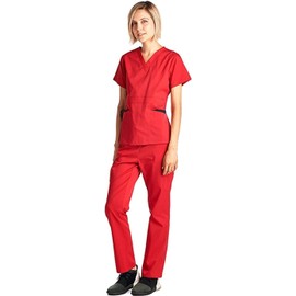 Medical Uniform Women's Scrubs Set Stretch Contrast Pocket RED XL