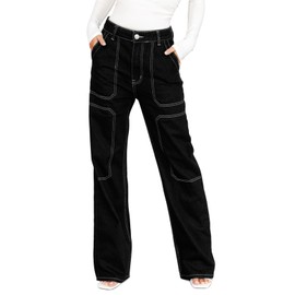 Dokotoo Womens Casual High Waisted Cargo Jeans for Womens Loose Wide Leg Denim Pants Black Size 18