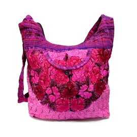 Large Floral Embroidered Lightweight Plaid Material Hobo Purse Crossbody Sling Bag - Womens Fashion Handmade Boho Accessories (Hot Pink)