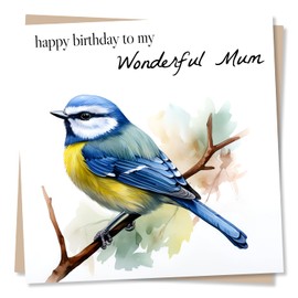 Beautiful Bluetit Bird Lover Birthday Card for Mum - Happy Birthday To My Wonderful Mum - Stunning Card for Mom, Mother From Son, Daughter - Made in UK
