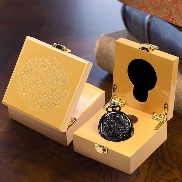 ManChDa Luxury Wooden Pocket Watch Box with Engraved Dragon Phoenix