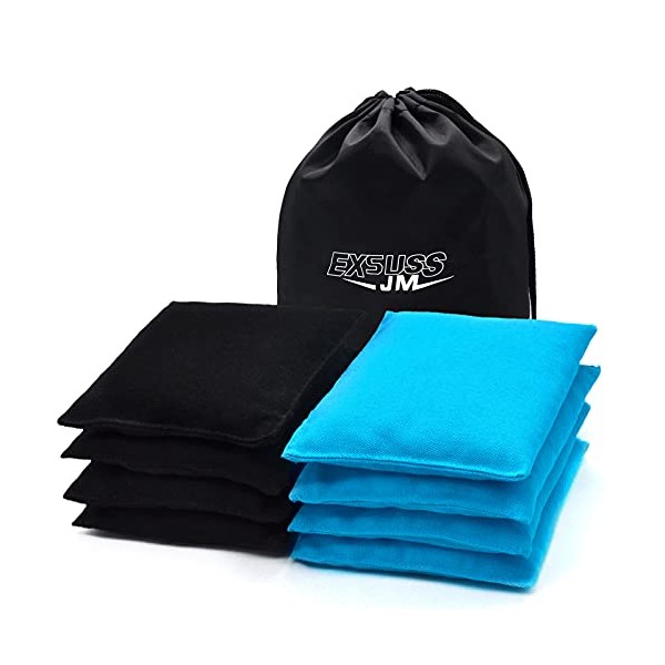 JMEXSUSS Weather Resistant Standard Corn Hole Bags, Set of 8 Regulation Professional Cornhole Bags for Tossing Game,Corn Hole Beans Bags with Tote Bag(Black/Light Blue)