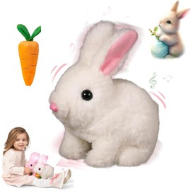 YXtecd My Realistic Bunny Toy, Easter Interactive Bunny Plush Toy - Educational Stuffed Animal, Jumping, Twitching, and Shaking Ears, Walking Rabbit (White)