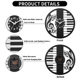 CIGERA 12 Inch Music Wall Clocks with Musical Note and Piano Key Dial, Silent Clock Movement and Battery Operated, Great Decor and Nice Gifts for Music Lovers