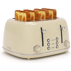 Toaster 4 Slice, Retro Stainless with 6 Bread Shade Settings,1.5''Wide Slots Toaster with Cancel/Defrost/Reheat Functions,Dual Independent Control Panel, Removal Crumb Tray (Cream)