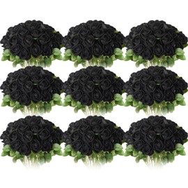 Jexine 100 Pieces Artificial Roses Flowers bulk, Long Stem Realistic Fake Silk Roses Bouquet for Table Centerpiece Vases Wedding Party Home Kitchen Decor (Black)