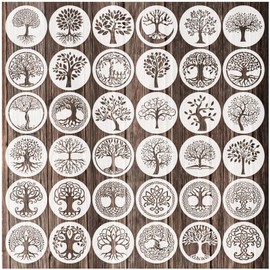 36 Pieces Tree of Life Stencils, 4 Inch Round Reusable Tree Stencils for Painting on Wood Plastic Drawing Natural Tree Template for Coaster Canvas DIY Crafts (Tree)