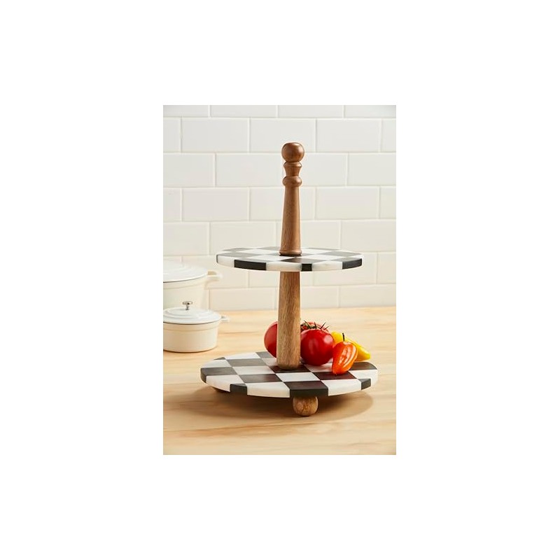 Mud Pie Checkered Marble Tiered Server; 16" x 12" dia