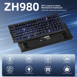 ZORNHER ZH980 Wireless Mechanical Gaming Keyboard,95% Black Hot-Swappable Custom Creamy Keyboard with Number Pad,Shine Through IMD PC Keycaps,Pre-lubed Linear Switches,RGB Backlit,Computer Keyboard