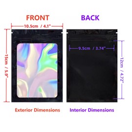 Rimiko 50pcs Mylar Bags with Clear Window, Aluminum Foil Sample Bags, Resealable Holographic Pouches for Packaging and Food Storage (Holographic Black, 4.1"x5.9")