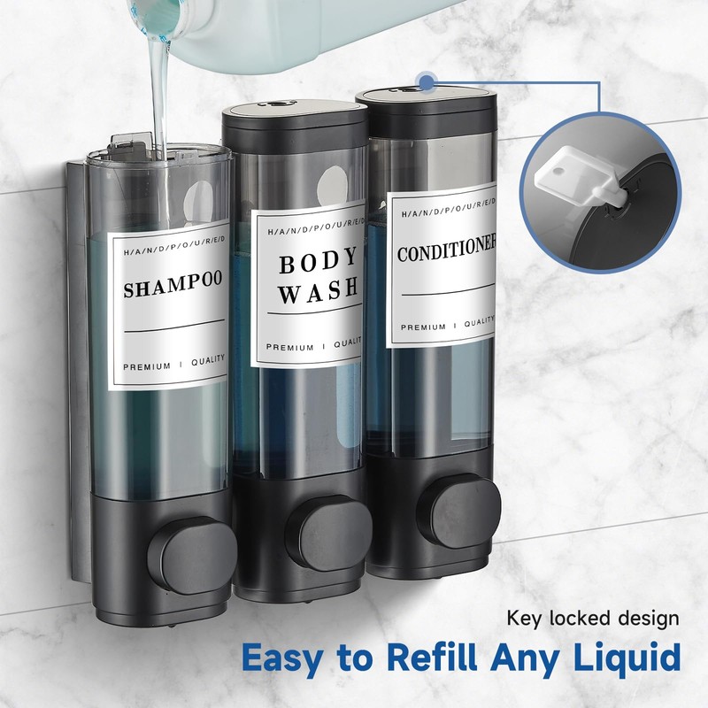 Shampoo and Conditioner Dispenser,Shower Soap Dispenser 3 Chamber No Drill