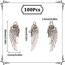 SUNNYCLUE 1 Box 100Pcs Angel Wings Charm Silver Love Charms Alloy Tibetan Rose Feather Flower Angle Wing Valentine Charms Bulk for jewellery Making Charms Women Diy Bracelets Earrings Necklaces Crafts