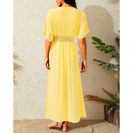 Long Swim Cover Up Women Yellow Cover Ups Swimwear Smock Bikini Cover Up Beach Sun-Proof Pure Color Coverups Cardigan