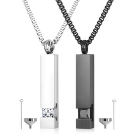Milacolato Pack of 2 Cremation Urn Pendant Necklaces for Memorial, Black Stainless Steel with Cubic Zirconia, Ash Jewellery Keepsake, Stainless Steel