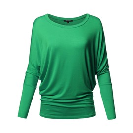 Casual Solid Boat Neck Long Dolman Sleeve Top - Made in USA Green S