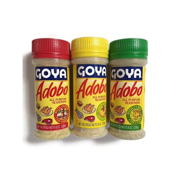 Goya Adobo condimento, 1 con pimienta, 1 con comino y 1 con limón y pimienta, 8 onzas (3 unidades, 1 de cada uno)