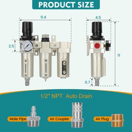 1/2" NPT Industrial Air Dryer for Compressor,3 Stage Air Compressor Water Separator System,Filter Oil Water Separator Dryer for Plasma Cutter and Paint Spray,Auto Drain