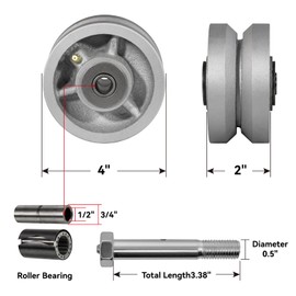 LONGRUNFORU 4" X 2" Sliding Gate Wheels, Cast Iron V Groove Wheel with Roller Bearing-700 lbs Capacity, Rolling Gate Wheels, Sliding Gate Casters, Gate Wheels for Metal Tube Gate, Silver（2 Pack）