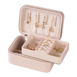 Small Travel Jewelry Box,2 Layers PU Leather Travel Jewelry Box with Double Zippers, Portable Travel Jewelry Organizer for Necklace/Bracelet/Ring/Brooch,small elegant jewelry box (Apricot color)