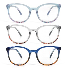 KoKoBin 3 Pack Women Round Reading Glasses，Blue Light Blocking Spring Hinge Fashion Readers +2.0