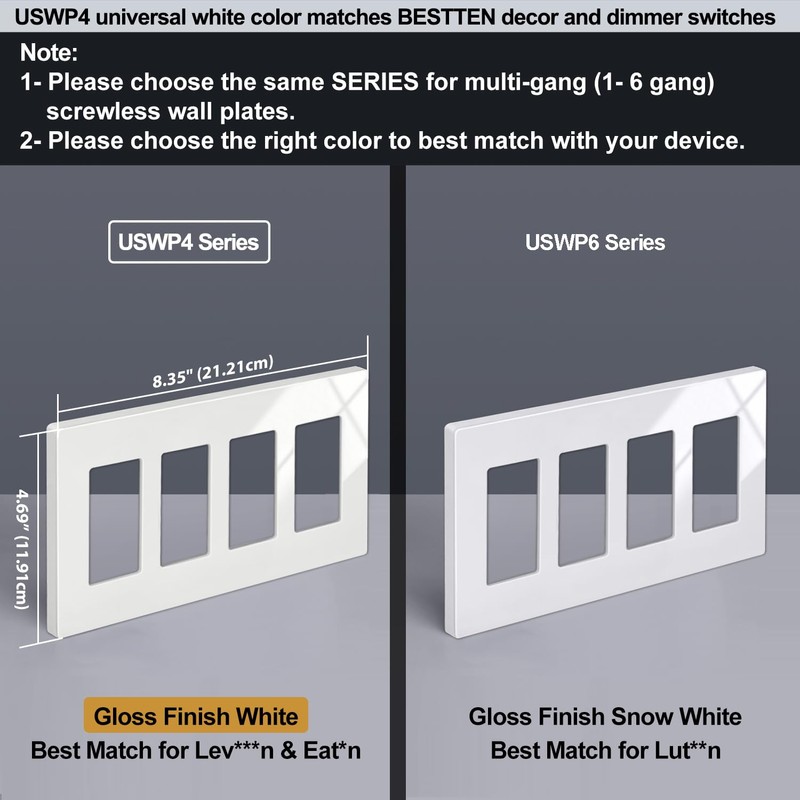 BESTTEN 2 Pack 4 Gang Screwless Wall Plate, USWP4 Off