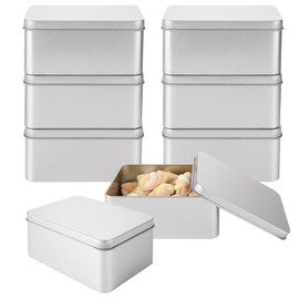 DAJAVE 8 Pack Empty Metal Tins Box with Lid, Rectangular Metal Tin Box Containers, Silver Metal Cookie Tins for Treats, Gifts, Candle, Favors, Crafts Organize (4.9 x 3.6 x 2.3 Inch)